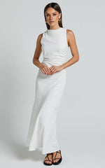 Sylvie Midi Dress - High Neck Flare Dress in White