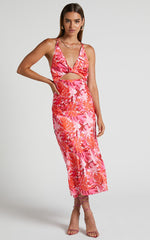 Tove Midi Dress - Twist Front Cut Out Satin Dress in Ice Pink Floral