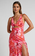 Tove Midi Dress - Twist Front Cut Out Satin Dress in Ice Pink Floral