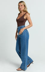 Vancouver Jeans - High Waist Straight Leg Patch Pocket Denim Jeans in Mid Blue Wash