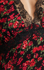 Vanya Midi Dress - V Neck Short Sleeve Lace Trim Tie Back Slip Dress in Black Floral