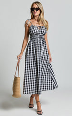 Vela Midi Dress - Strappy Tie Shoulder Elasticated Waist Dress in Black and White Gingham