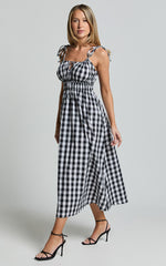 Vela Midi Dress - Strappy Tie Shoulder Elasticated Waist Dress in Black and White Gingham