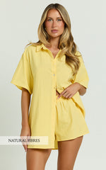 Vina Del Mar Two Piece Set - Linen Look Shirt and Shorts Set in Yellow