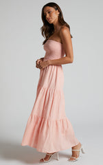 Zoe Midi Dress - Strapless Shirred Bodice Tiered Dress in Peach