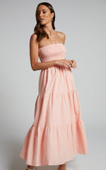 Zoe Midi Dress - Strapless Shirred Bodice Tiered Dress in Peach