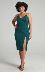 Big Ideas Midi Dress - V Neck Thigh Split Dress in Emerald