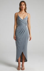 How Will I Know Midi Dress - Wrap Waist Tie Tulip Hem Dress in Dusty Blue