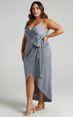How Will I Know Midi Dress - Wrap Waist Tie Tulip Hem Dress in Dusty Blue