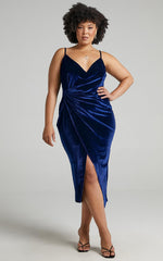 Loving Blind Midi Dress - Draped Thigh Split Dress in navy velvet