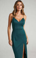Big Ideas Midi Dress - V Neck Thigh Split Dress in Emerald