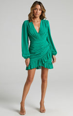 Can I Be Your Honey Plunge Balloon Sleeve Mini Dress in Jade