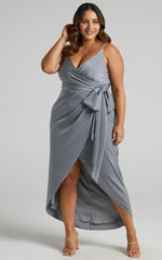 How Will I Know Midi Dress - Wrap Waist Tie Tulip Hem Dress in Dusty Blue