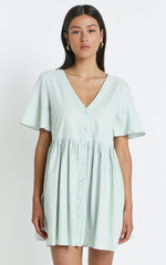 Staycation Smock Button Up Mini Dress in Light Sage