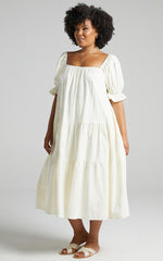 Zaharrah Midi Dress - Tiered Dress in Cream Linen Look