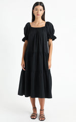 Zaharrah Tiered Midi Dress in Black Linen Look