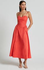 Carla Midi Dress - Strappy Sweetheart Fit and Flare Dress in Scarlet