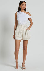 Percy Shorts - High Waist Pleated Satin Shorts in Oyster