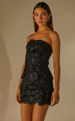 Wren Mini Dress - Strapless Bodycon Garden Flowers Dress in Black