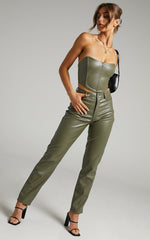 Dilyenne Pant - Mid Waist Straight Leg Faux Leather Pant in Olive