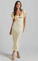 Emberlynn Midi Dress - Flutter Sleeve Cut Out Satin Dress in Butter Yellow