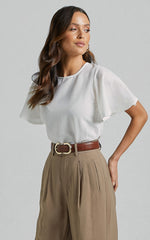 Enzo Top - Flutter Sleeve Scoop Neck Top in White