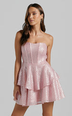 Mabel Mini Dress - Strapless Sweetheart Neck Tiered in Pink
