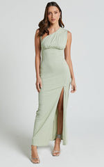 Andy Midi Dress - Asymmetrical Cap Sleeve High Slit Slip Dress in Sage
