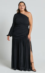 Grittah Maxi Dress - One Shoulder Bishop Sleeve High Split Ruched Dress in Black