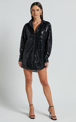Cally Mini Dress - Oversized Shirt Dress in Black Sequin