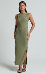 Jessenia Midi Dress - Linen High Neck Dress in Olive