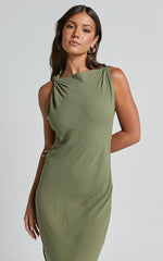 Jessenia Midi Dress - Linen High Neck Dress in Olive