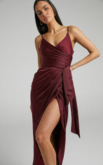 How Will I Know Midi Dress - Wrap Waist Tie Tulip Hem Dress in Wine