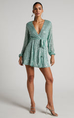 Three Of Us Mini Dress - Long Sleeve Wrap Dress in Turquoise Sequin