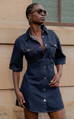 Leilani Mini Dress - Denim Short Sleeve Button Up Dress with Gold Hardware in Indigo Denim