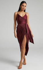 How Will I Know Midi Dress - Wrap Waist Tie Tulip Hem Dress in Wine