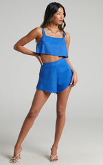 Zanrie Two Piece Set - Linen Square Neck Crop Top and High Waist Mini Flare Shorts Set in Cobalt