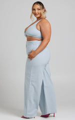 Kingston Two Piece Set - Twist Front Twill and Wide Leg Pants Set in Blue