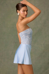 Embellished Draped Strapless A-Line Mini Dress in Sky Blue