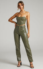 Dilyenne Pant - Mid Waist Straight Leg Faux Leather Pant in Olive