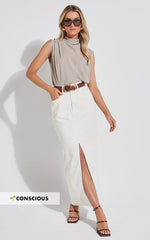 Kira Midi Skirt - Front Split Denim Skirt in Ecru