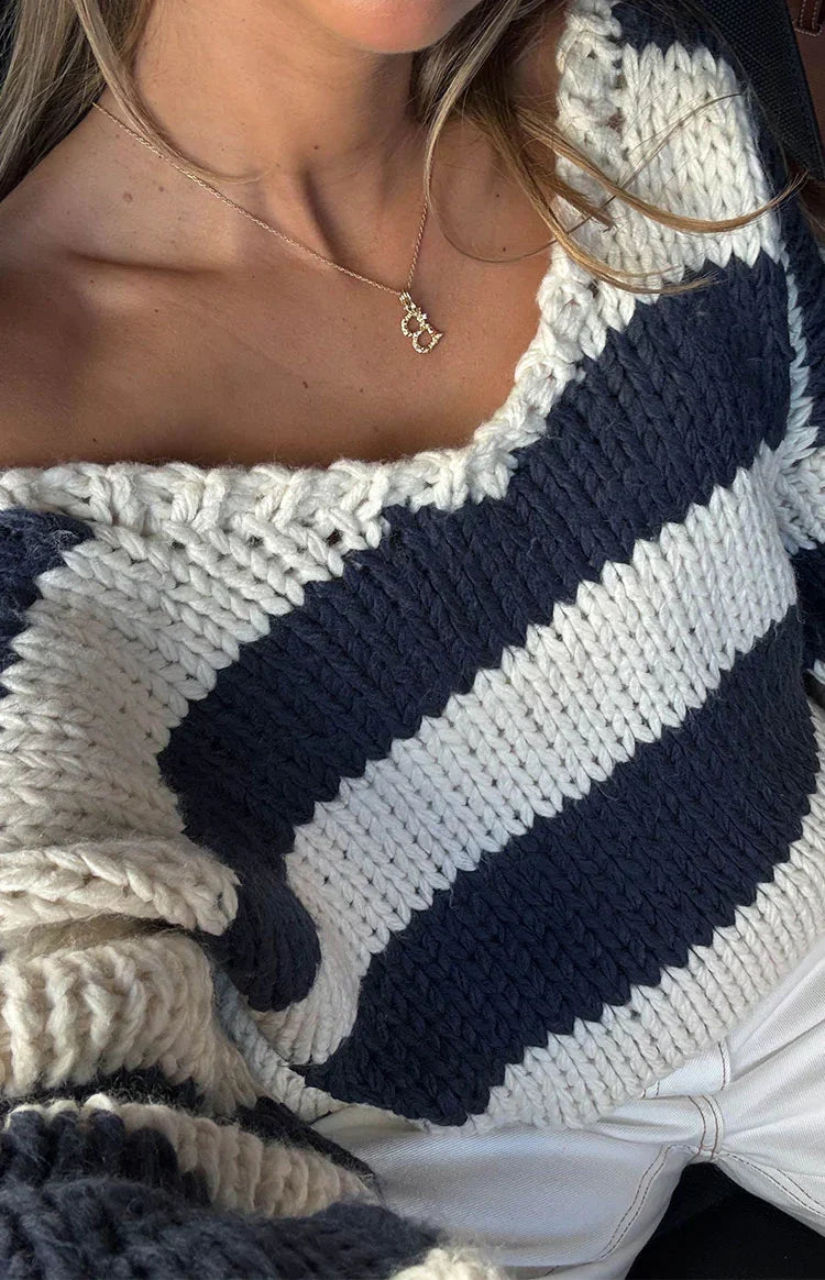 Delvey Navy Striped Chunky Knit Sweater