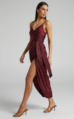 How Will I Know Midi Dress - Wrap Waist Tie Tulip Hem Dress in Wine