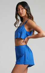 Zanrie Two Piece Set - Linen Square Neck Crop Top and High Waist Mini Flare Shorts Set in Cobalt