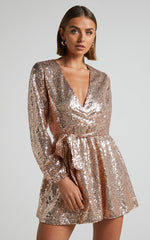 Three Of Us Mini Dress - Long Sleeve Wrap Dress in Gold Sequin
