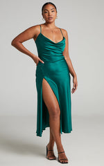Flordeliza Midi Dress - Cowl Neck Thigh Slit Slip Dress in Emerald