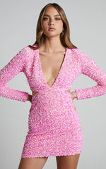 Gabriella Mini Dress - Plunge Long Sleeve Cut Out Sequin Dress in Pink Sequin