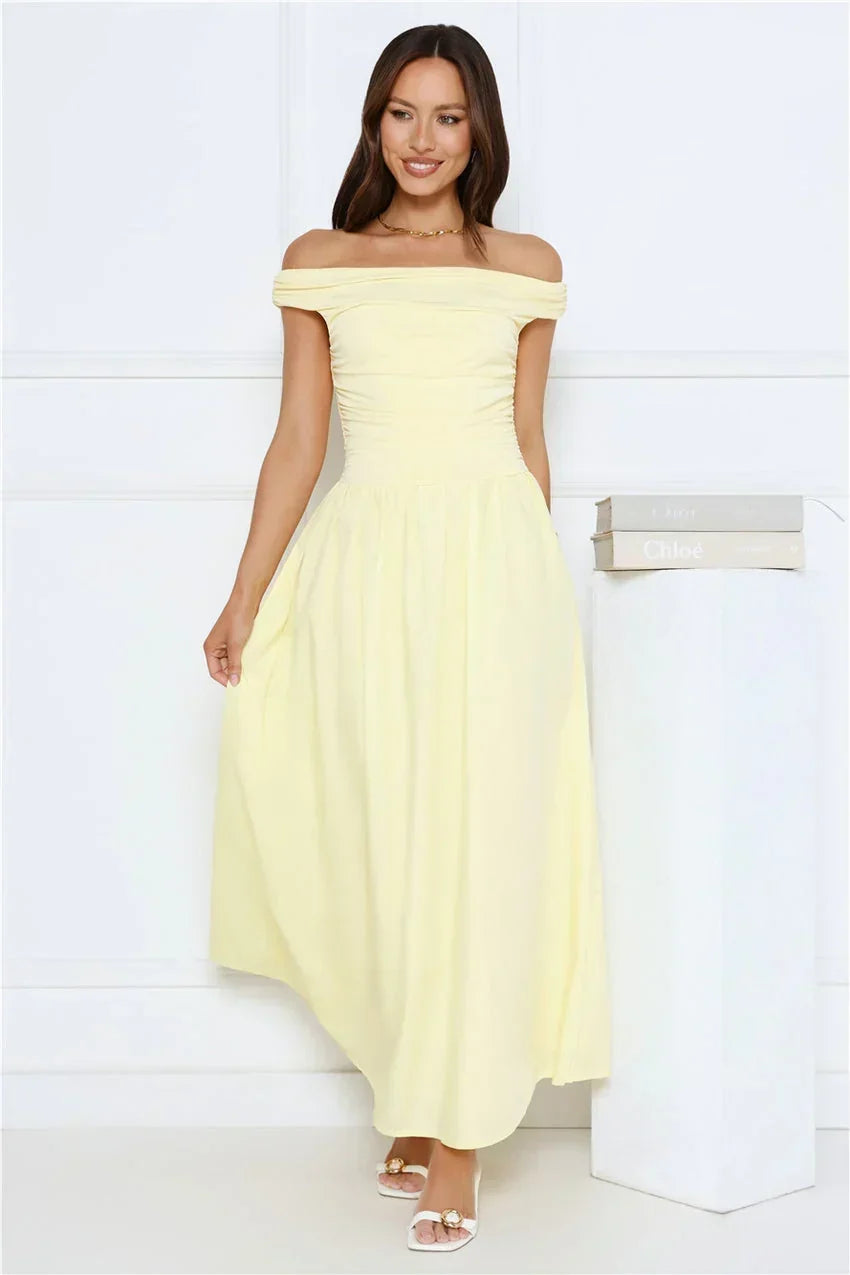 Camellia Charm Off Shoulder Maxi Dress Yellow