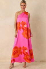 No Introduction Pink Multi Floral Print Satin One Shoulder Maxi Dress