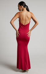 Tasteful Maxi Dress - Cowl Neck Bodycon Thigh Split Dress in Berry
